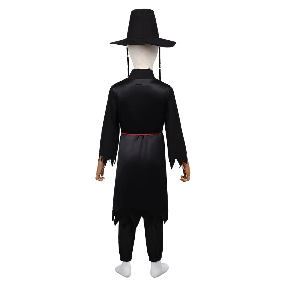 Kpop Jinu cosplay outfit for kids featuring a black robe and traditional hat, perfect for fans
