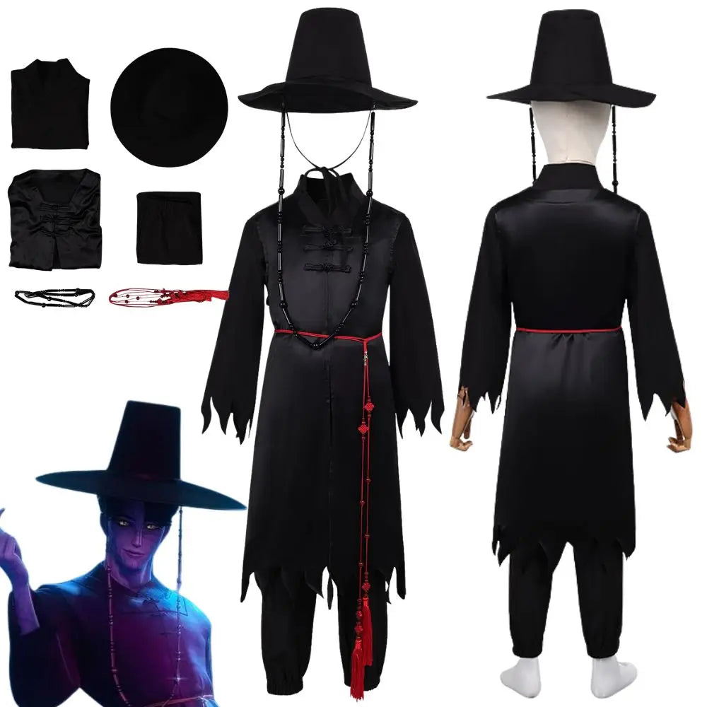 Kpop Jinu cosplay outfit for kids featuring a black robe and hat with detailed accessories