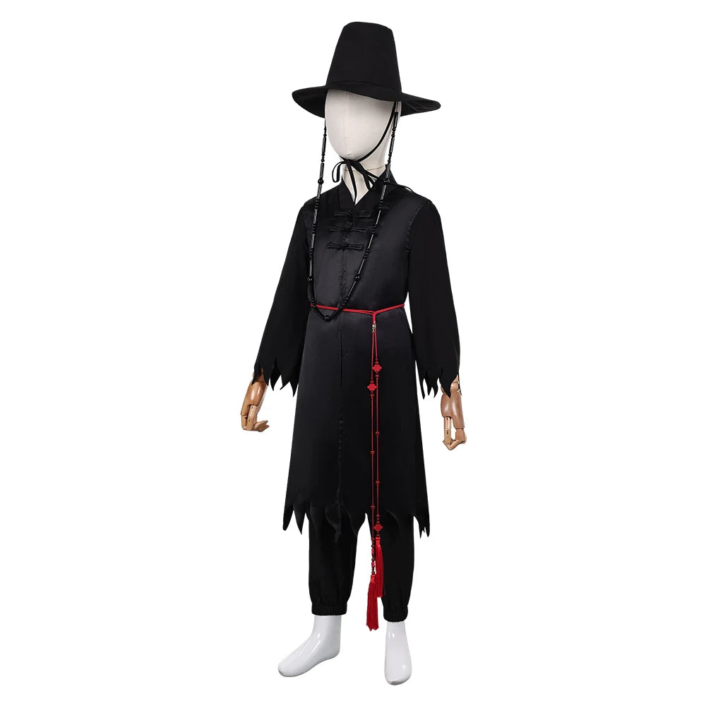 Kpop Jinu cosplay outfit for kids featuring a black traditional costume with hat and accessories