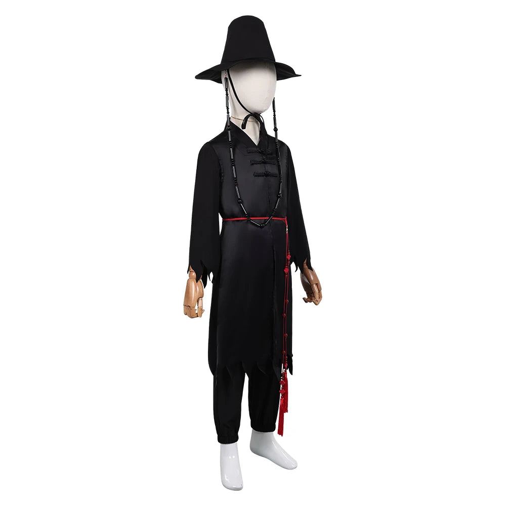 Kpop Jinu cosplay outfit for kids featuring a black traditional costume with an elegant hat and details