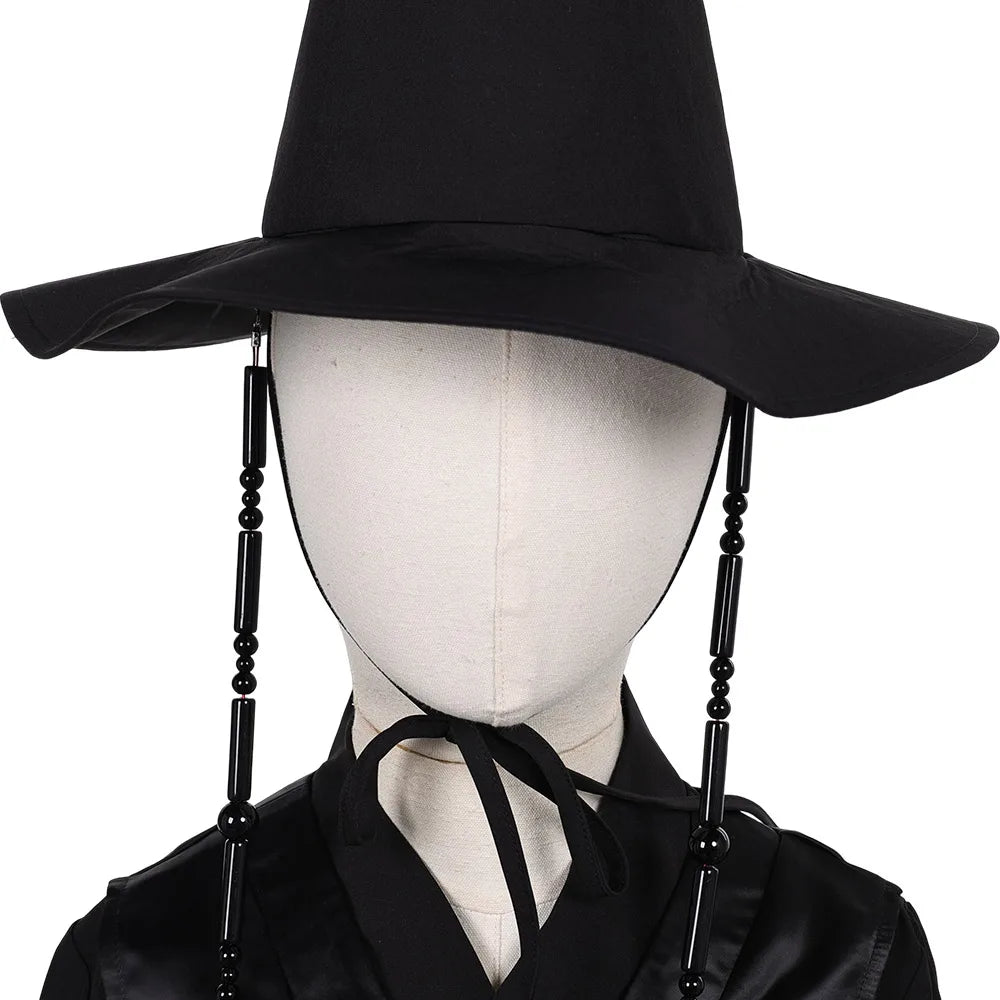 Kpop Jinu cosplay outfit for kids featuring a traditional black hat with decorative strings