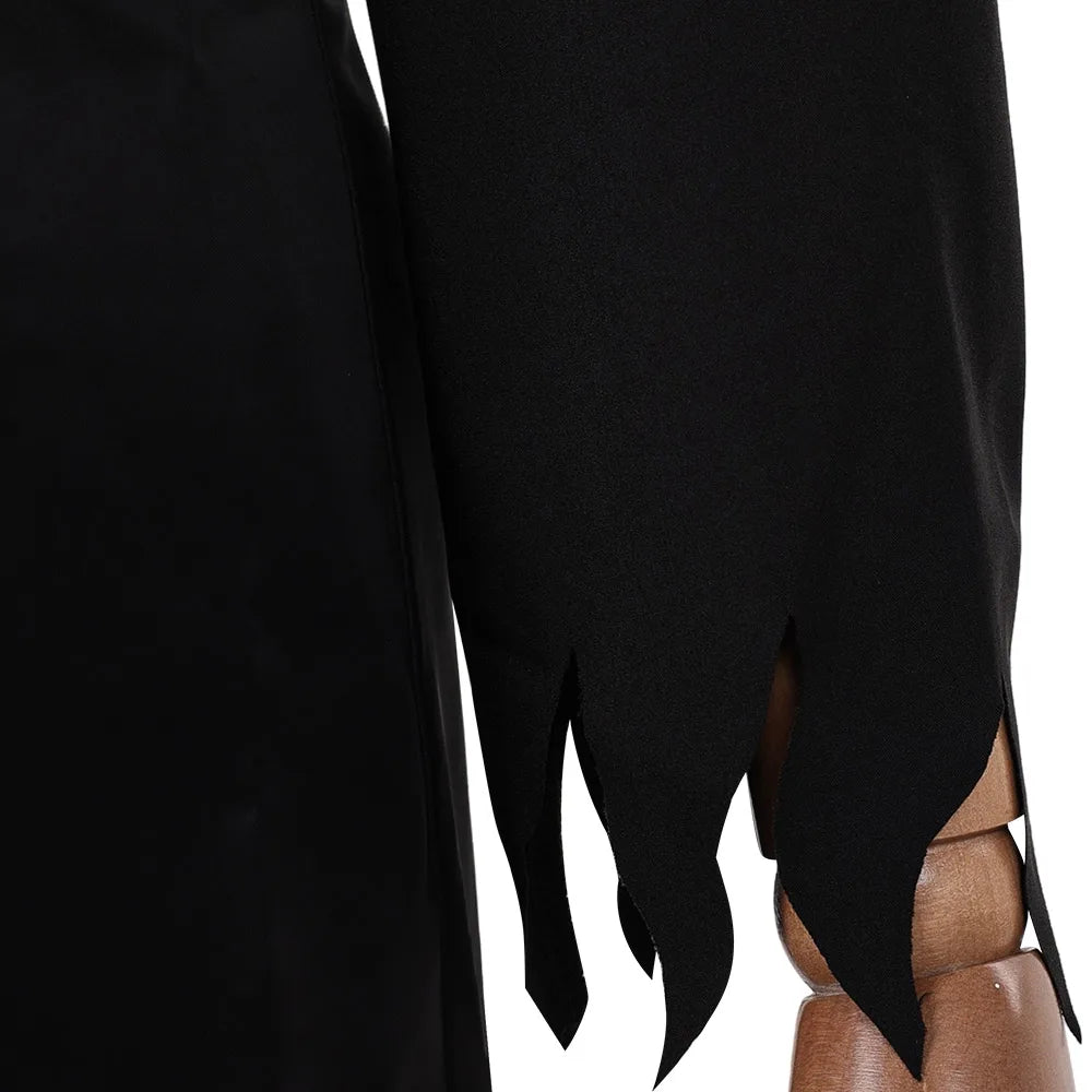 Close-up of Kpop Jinu cosplay outfit for kids showing black fabric with unique cut sleeve design