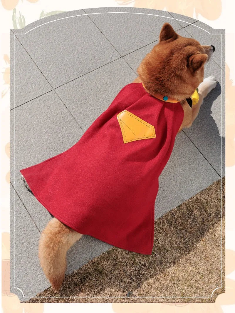 Krypto Superdog cosplay outfit for dogs featuring a red cape and yellow emblem