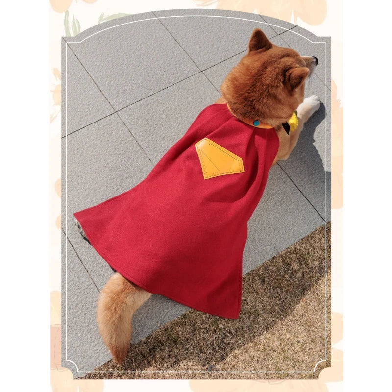 Krypto Superdog cosplay outfit with a red cape featuring a yellow emblem for pets