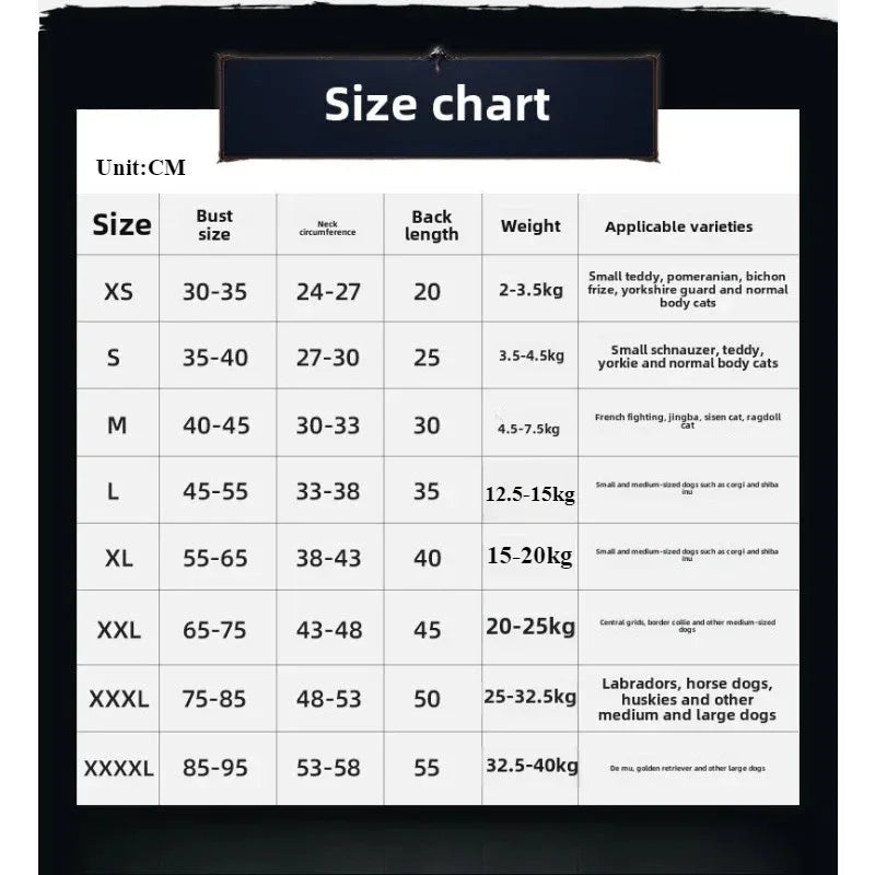 Size chart for Krypto Superdog cosplay outfit for various dog breeds by Zoomies & Co
