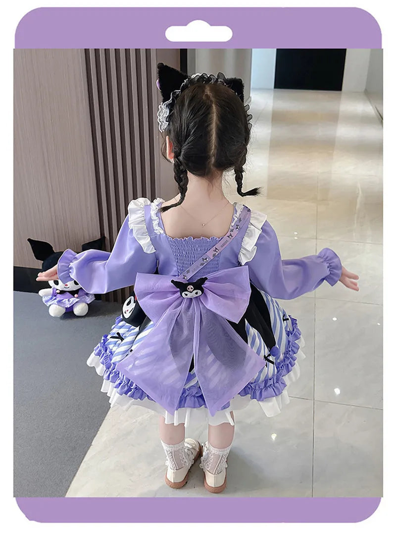 Adorable Kuromi princess dress for kids featuring a purple design with a large bow on the back