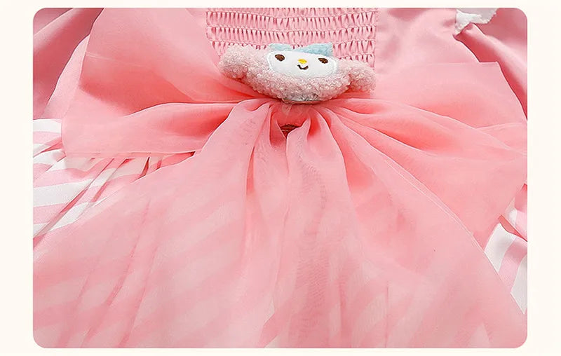 Adorable Kuromi princess dress for kids featuring a soft pink design and whimsical bow detail