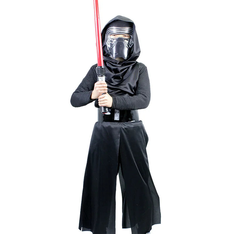 Child dressed in Kylo Ren dog costume holding a red lightsaber and wearing a mask
