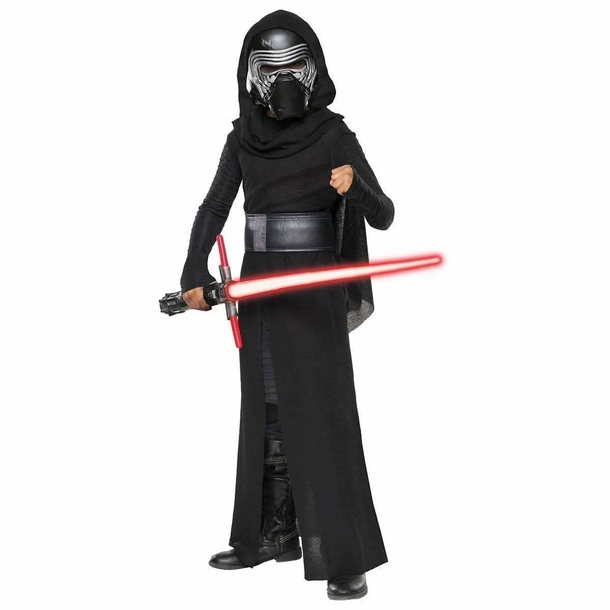 Child in Kylo Ren dog costume with lightsaber, perfect for themed parties and Halloween