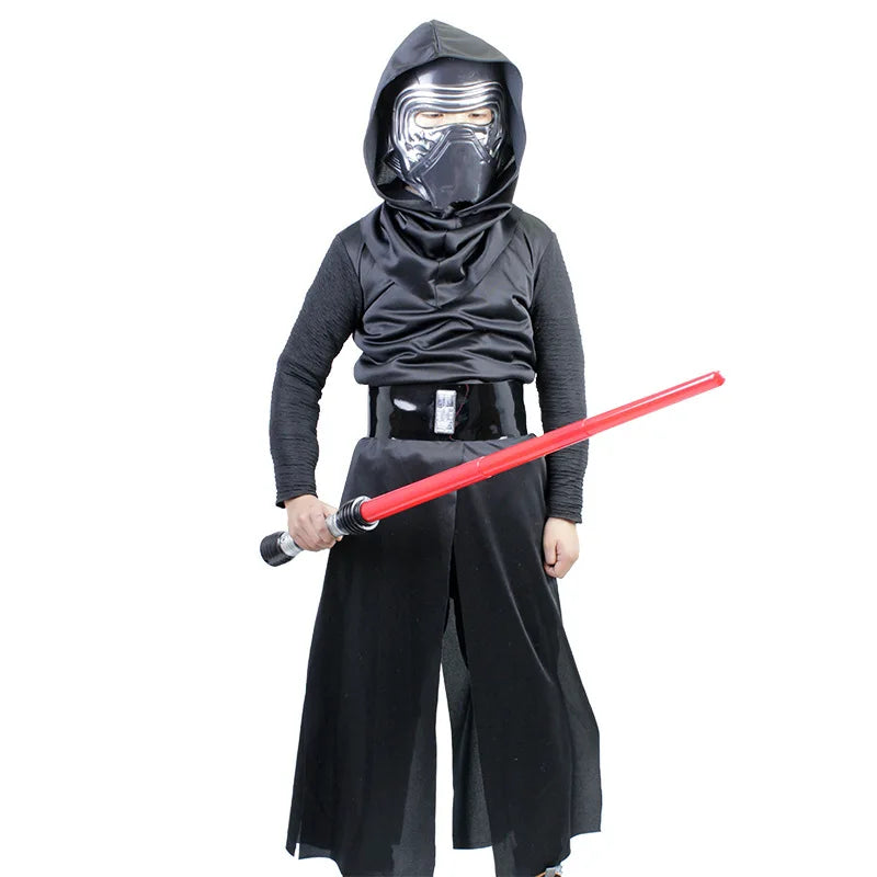 Child in Kylo Ren dog costume with a lightsaber, perfect for Halloween and cosplay events