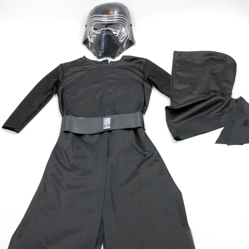Kylo Ren dog costume featuring a black robe and mask for pet Halloween parties
