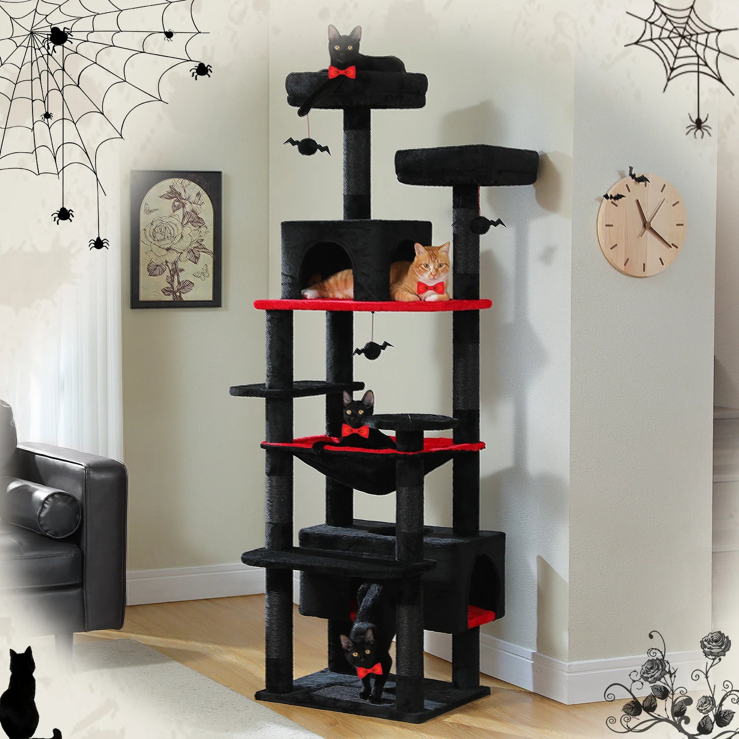 Large cat tree for indoor cats with multiple levels and cozy hideouts in black and red design