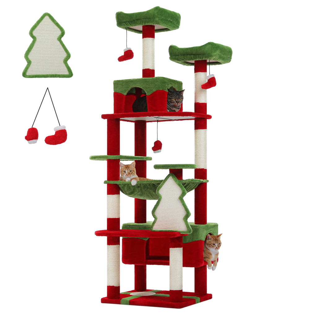 Large cat tree for indoor cats designed like a Christmas tree with multiple levels and hiding spots
