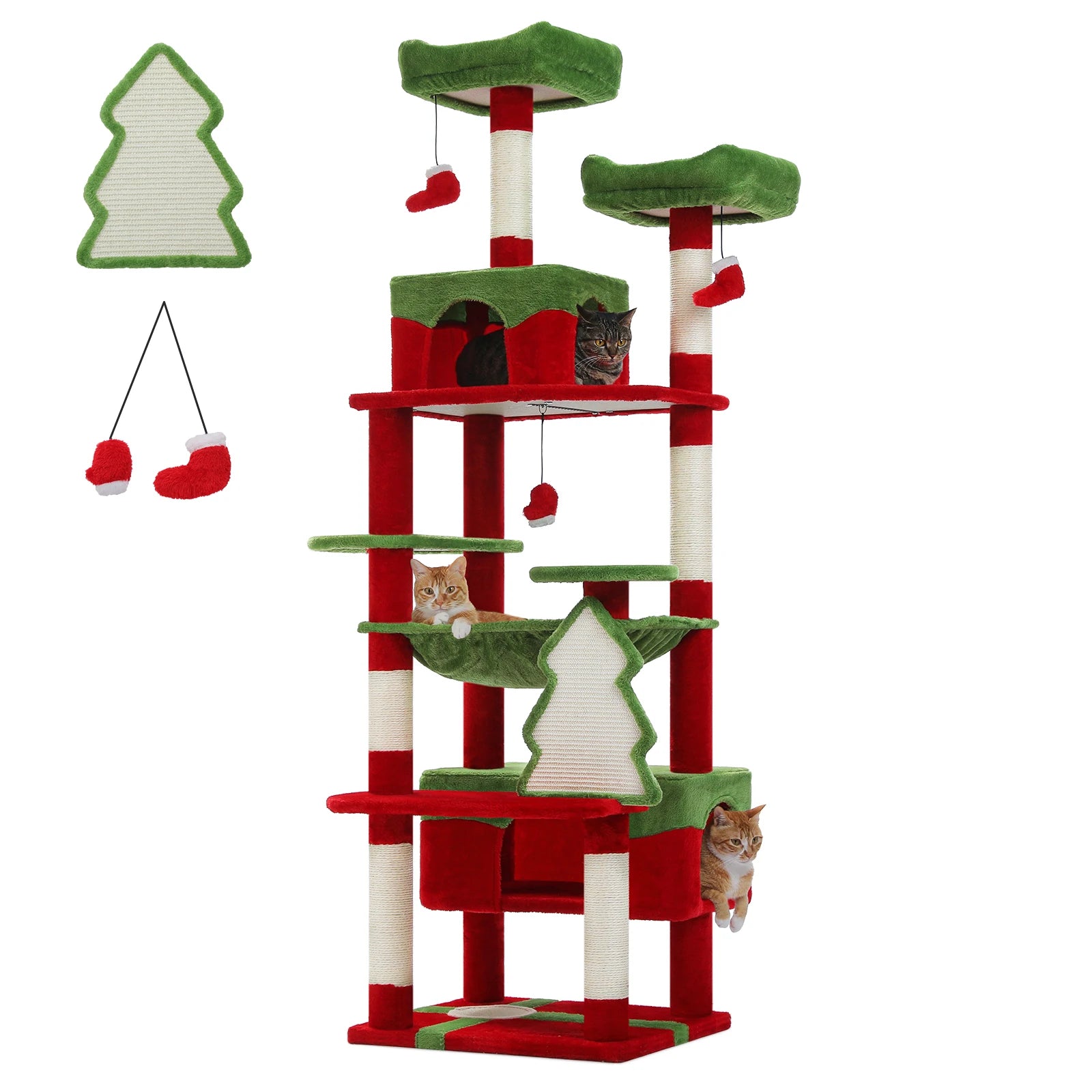 Large cat tree for indoor cats designed like a Christmas tree with multiple levels and hiding spots