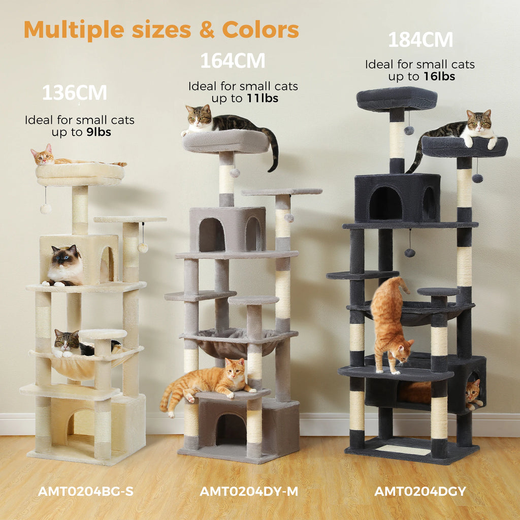 Large cat tree for indoor cats available in multiple sizes and colors, perfect for playful pets