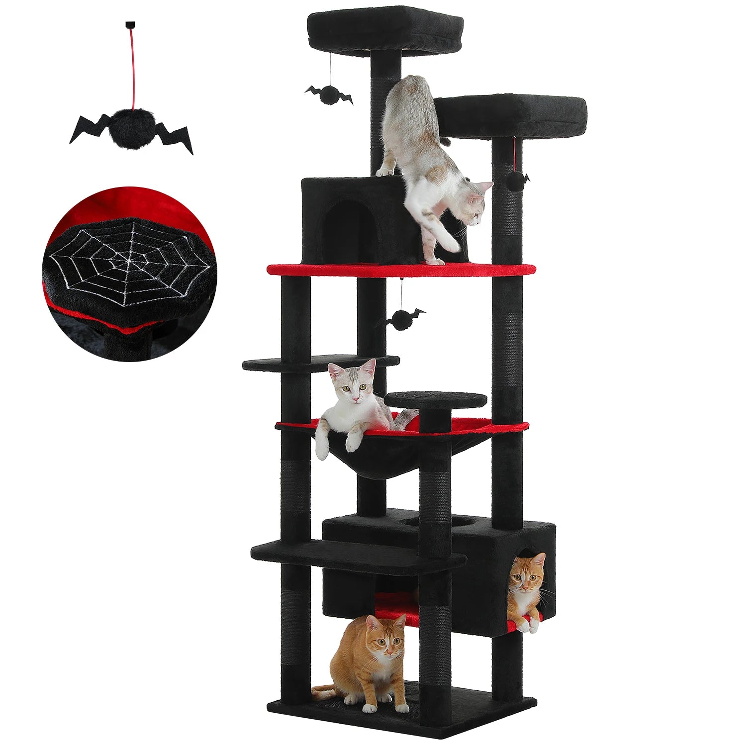 Large cat tree for indoor cats with multiple platforms and toys for climbing and playtime