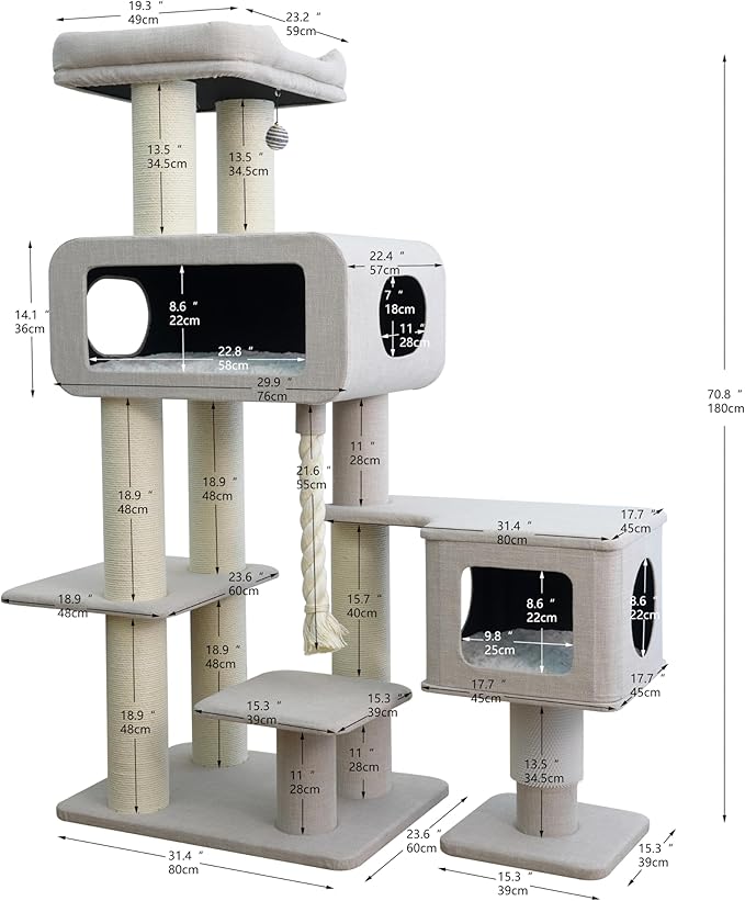 Large cat tree for Maine Coons by Zoomies Co in beige with multiple platforms and hideouts