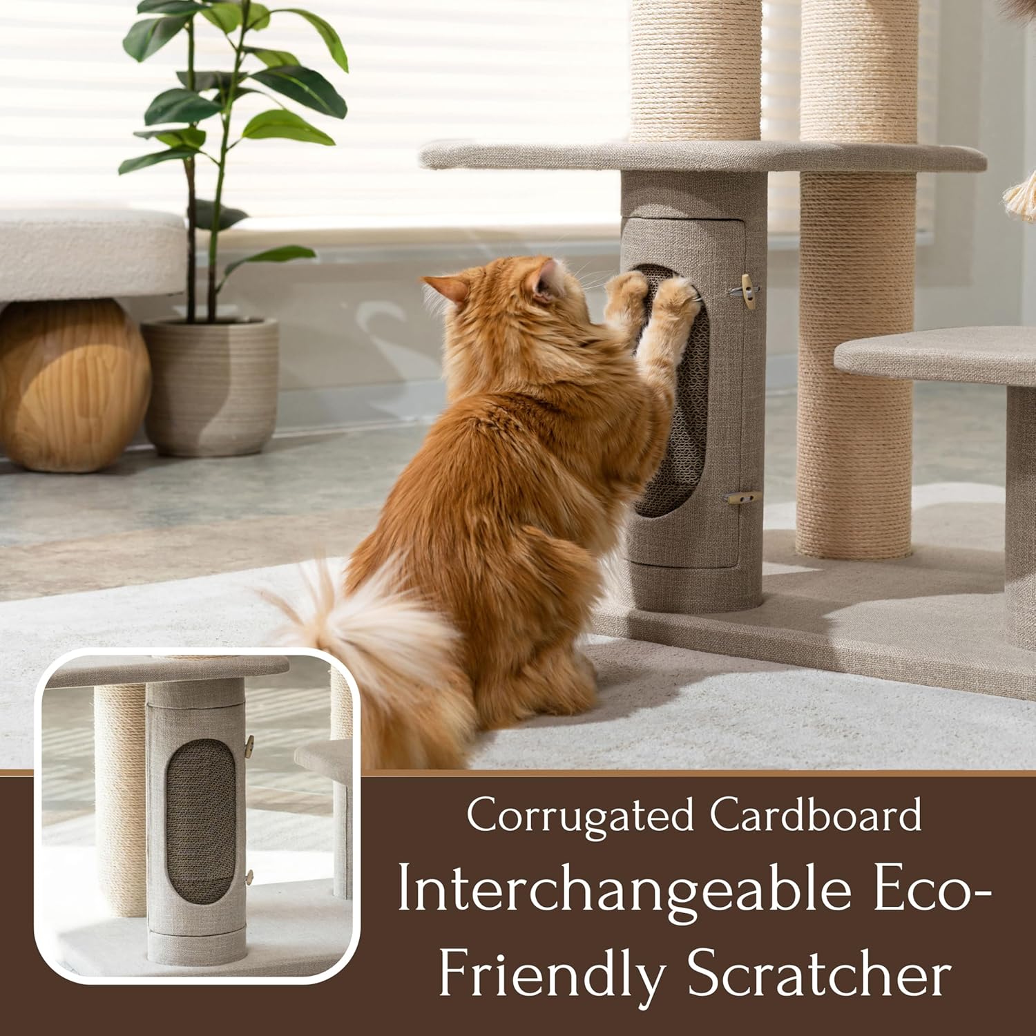 Large cat tree for Maine Coons with eco-friendly interchangeable corrugated cardboard scratcher