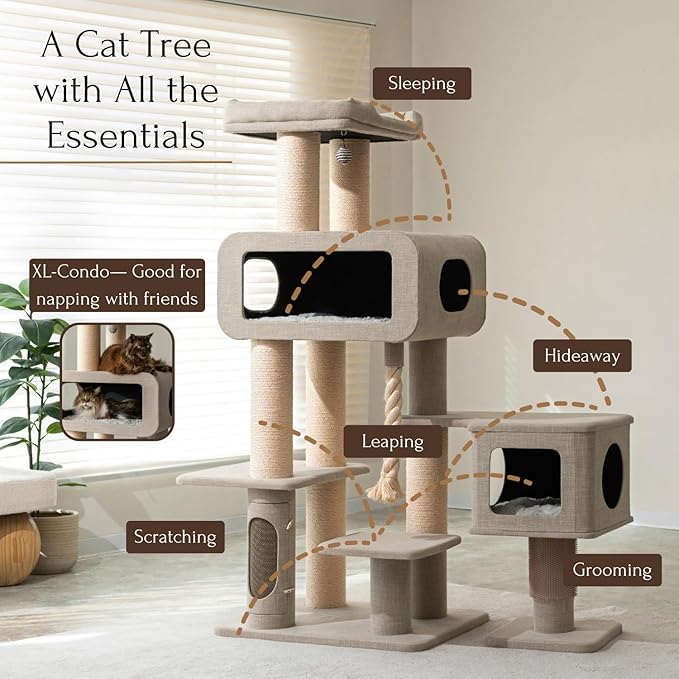 Large cat tree for Maine Coons by Zoomies Co with condos, scratching posts, and sleeping platforms