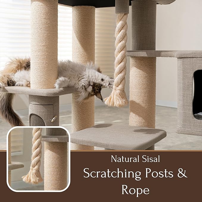 Large cat tree for Maine Coons with natural sisal scratching posts and hanging rope feature