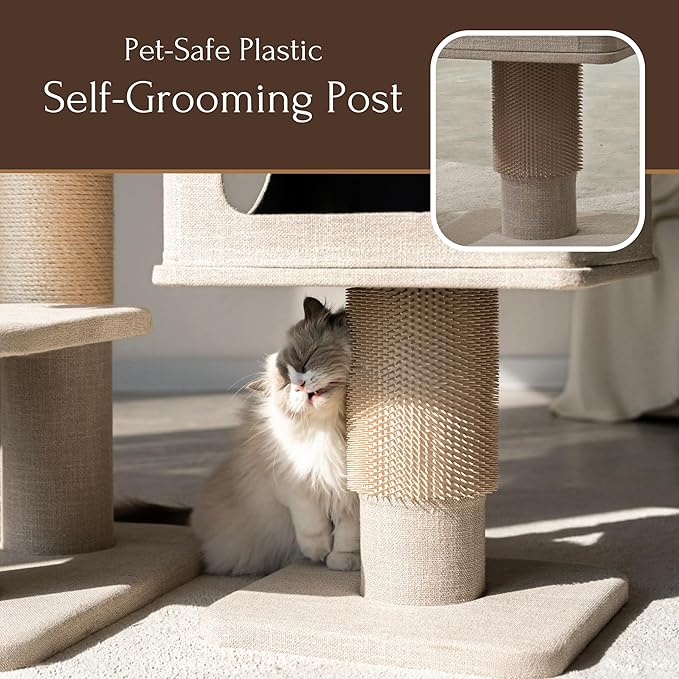 Large cat tree for Maine Coons with pet-safe plastic self-grooming post and beige carpeted platforms