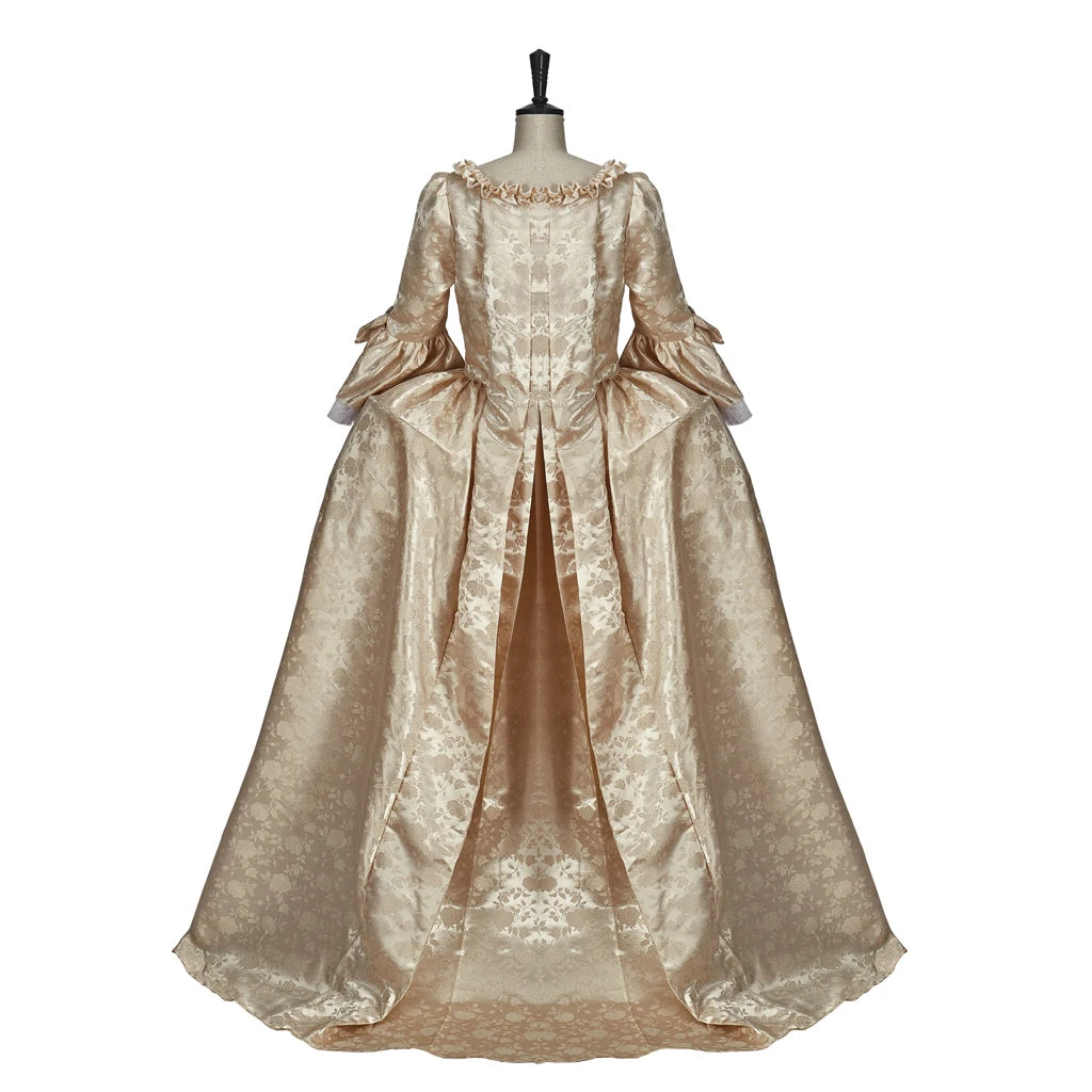 Elegant 18th century Georgian costume in gold with flowing sleeves and detailed design for historical reenactments