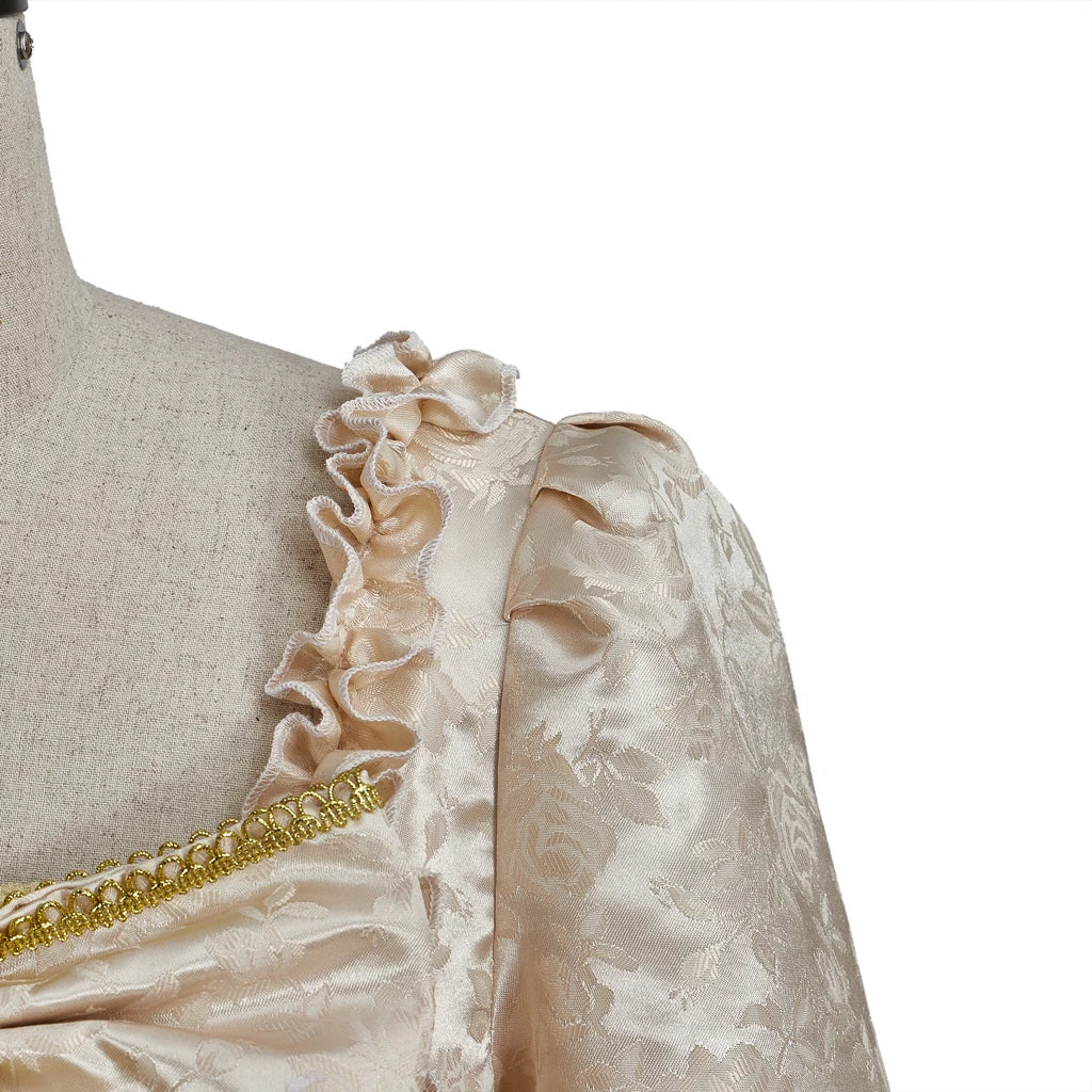Elegant 18th century Georgian costume featuring intricate ruffles and embroidery details
