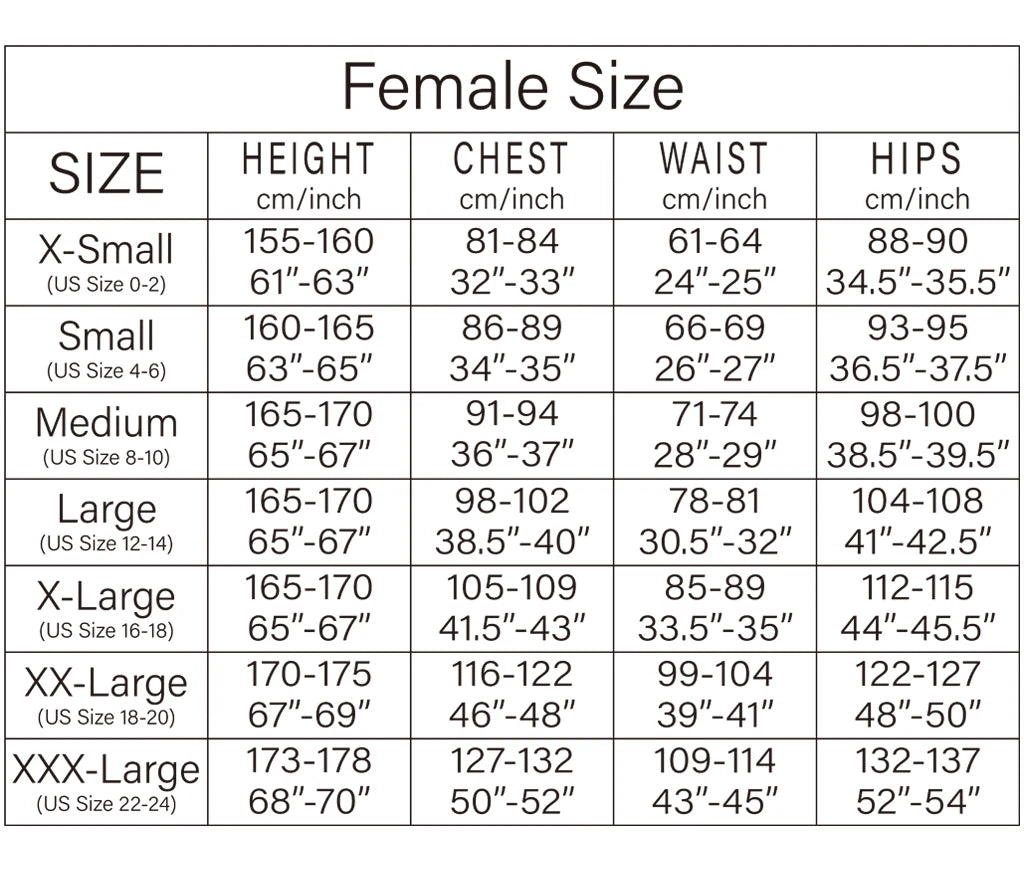 Size chart for women's clothing including measurements for 18th century Georgian costume