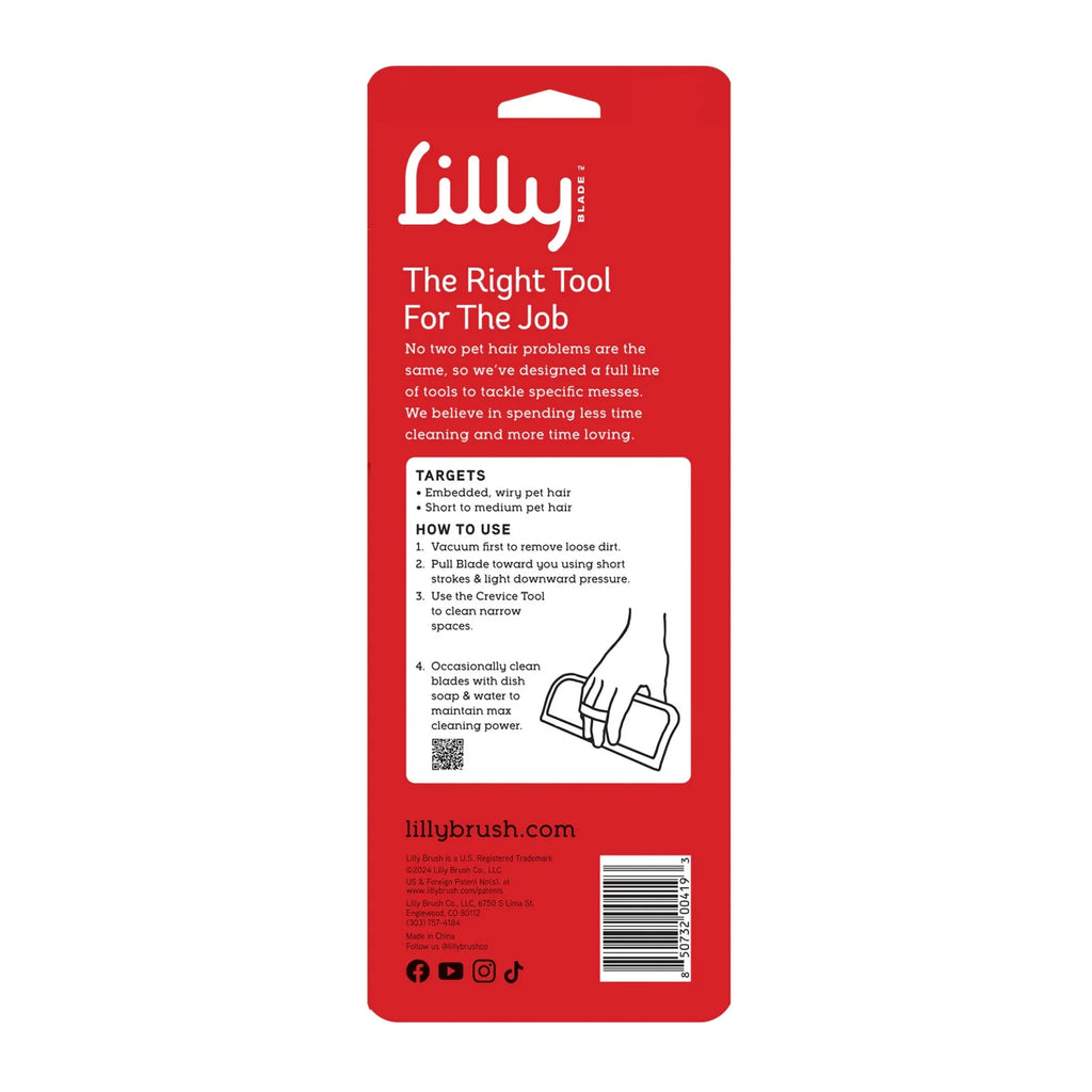 Lilly Brush clean-up blade kit packaging with instructions for effective cleaning and pet hair removal