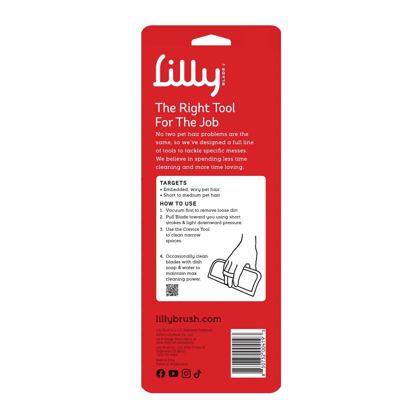 Lilly Brush clean-up blade kit packaging with instructions for effective cleaning and pet hair removal