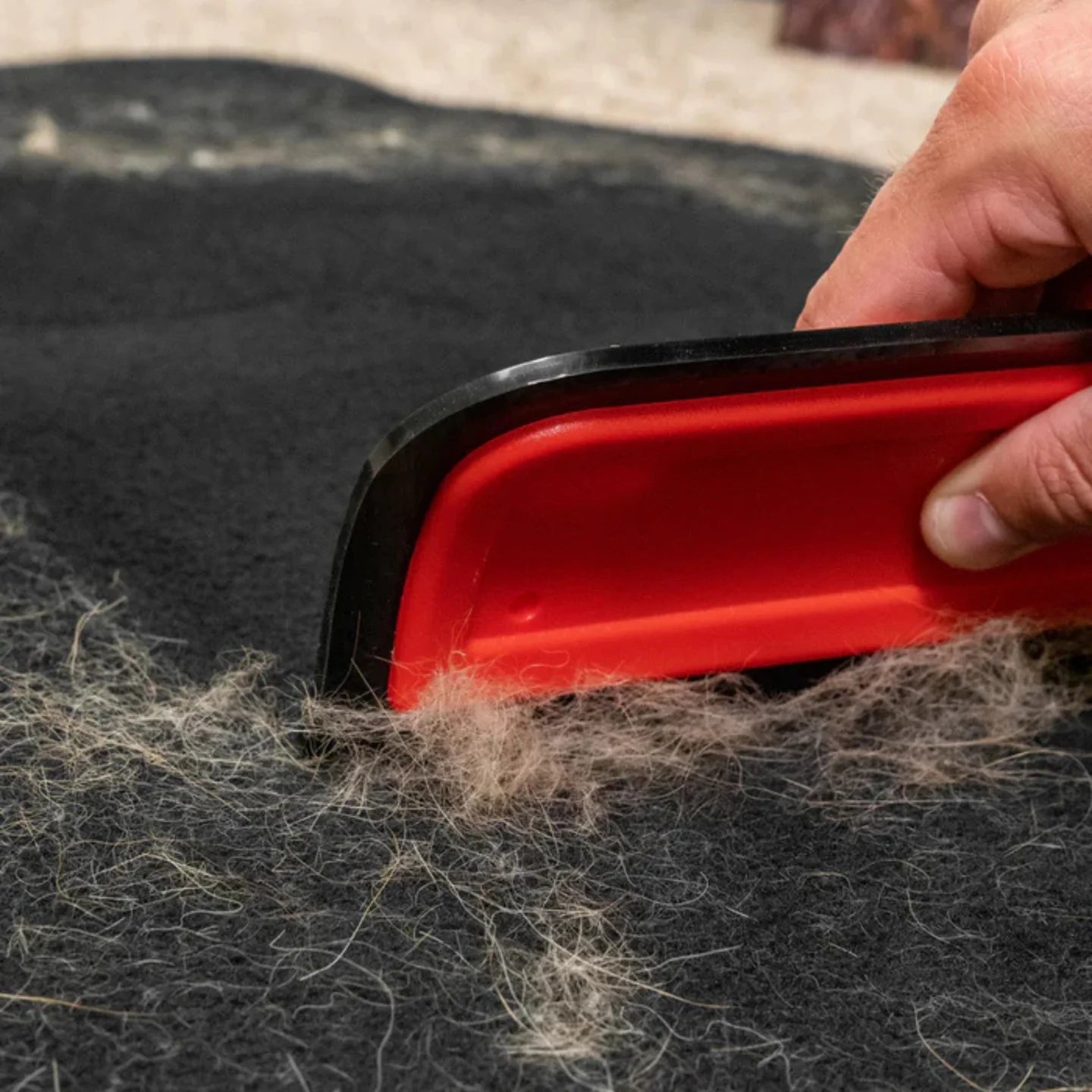 Lilly Brush clean-up blade kit removing pet hair from a black carpet surface