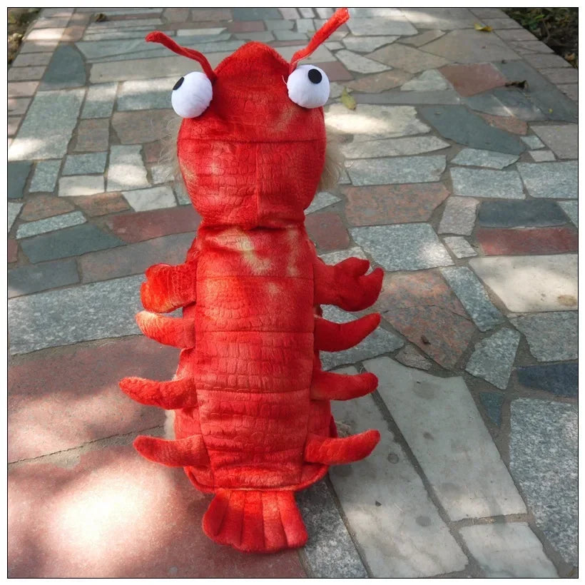 Red lobster dog costume featuring plush texture and large eyes for playful pets