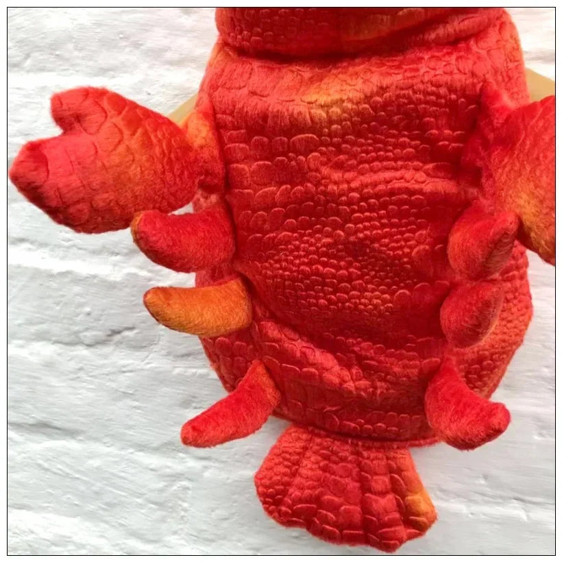 Lobster dog costume in vibrant red with detailed texture and clawed arms for playful pets