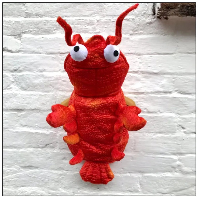 Red lobster dog costume with large eyes and detailing for fun pet dress-up