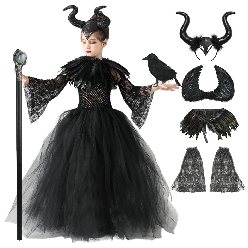 Girl in a Maleficent Halloween costume featuring horns, a black dress, and accessories for spooky fun