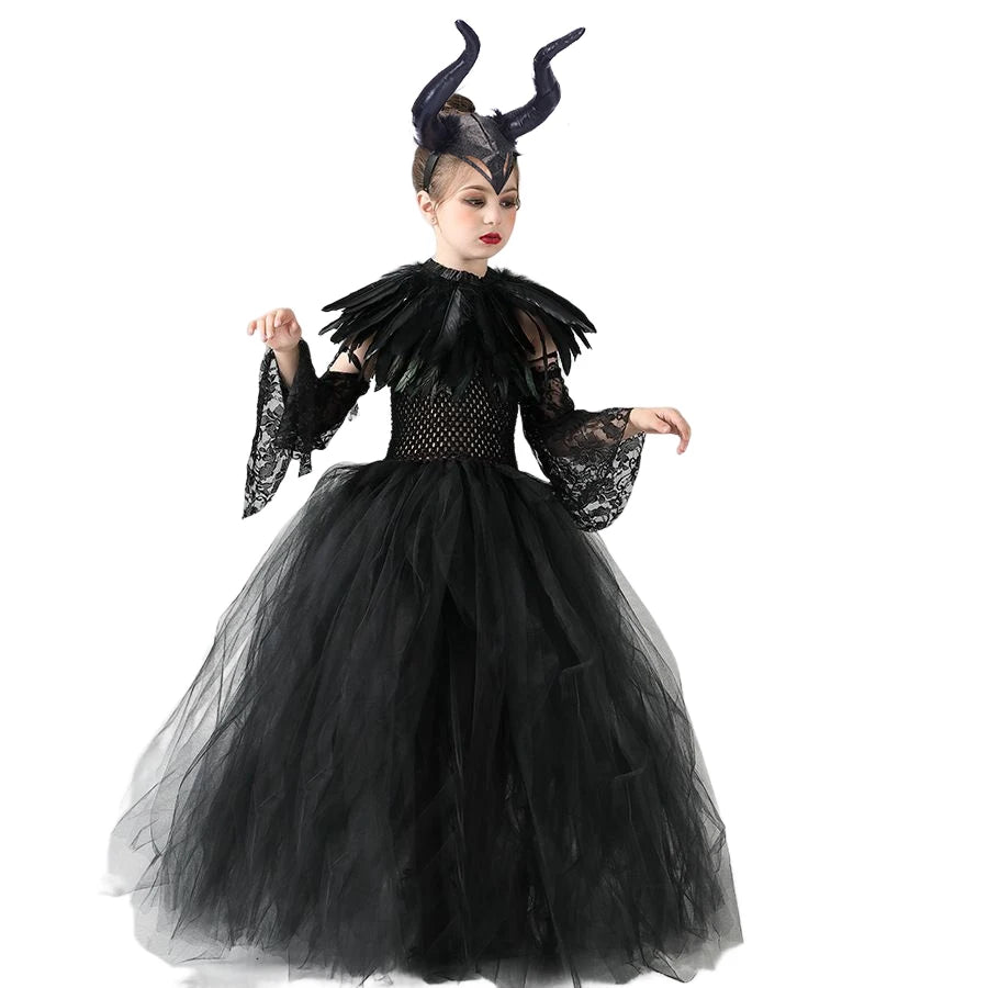Elegant Maleficent Halloween costume for girls with black tulle skirt and horned headpiece