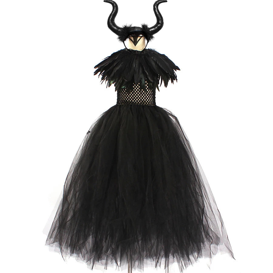 Maleficent Halloween costume for girls featuring a black tulle dress and horned headpiece