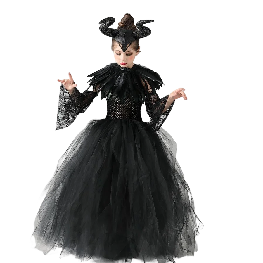 Maleficent Halloween costume for girls featuring a black tulle gown and horned headpiece