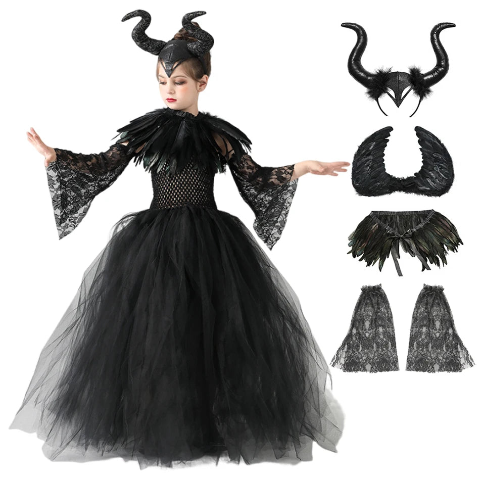 Glamorous Maleficent Halloween costume for girls with black dress and horned headpiece