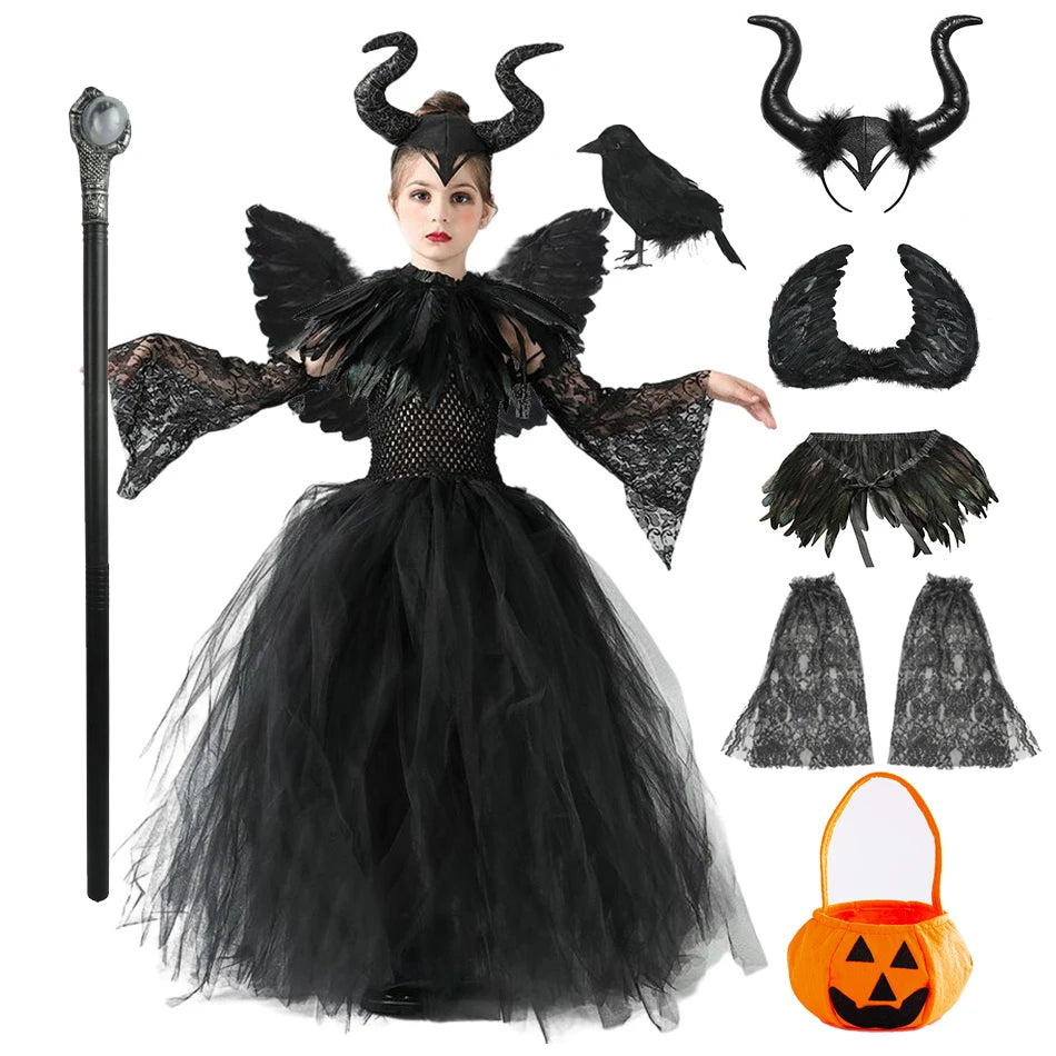 Maleficent Halloween costume for girls with horned headpiece, long black dress, and matching accessories