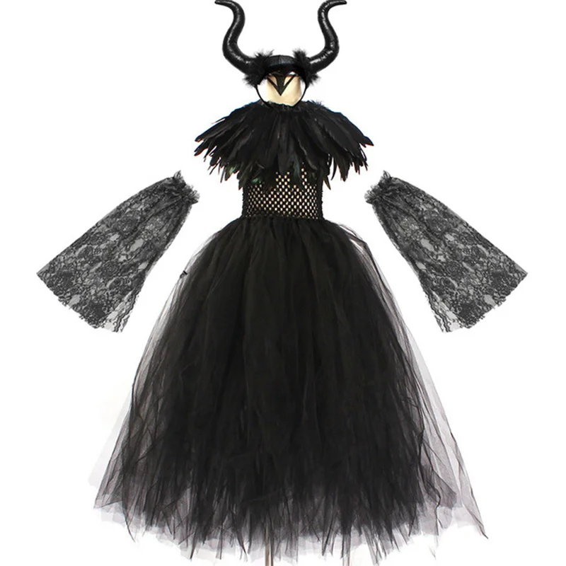 Elegant Maleficent Halloween costume for girls featuring a dramatic black tulle dress and horned headpiece