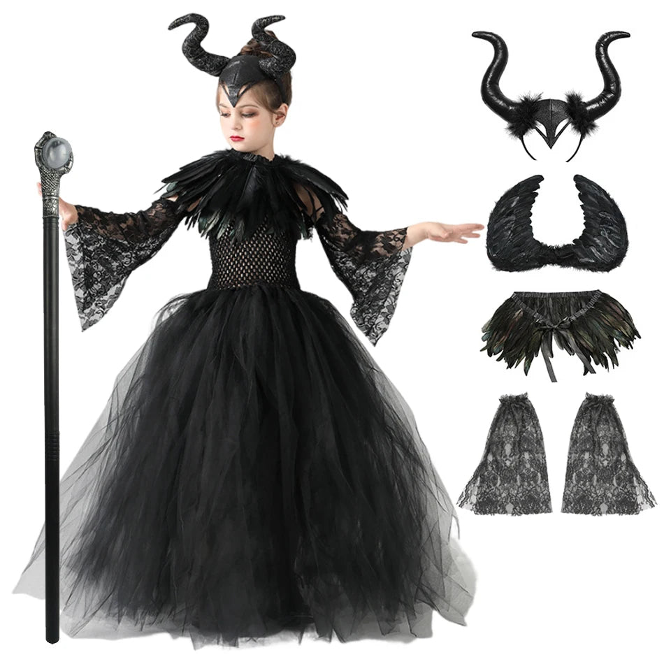 Maleficent Halloween costume for girls featuring a black dress, horned headpiece, and accessories