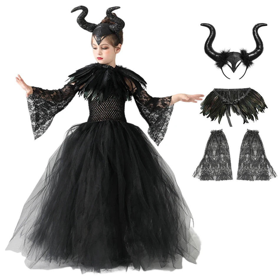 Girl in a black Maleficent Halloween costume for girls with lace sleeves and horned headpiece