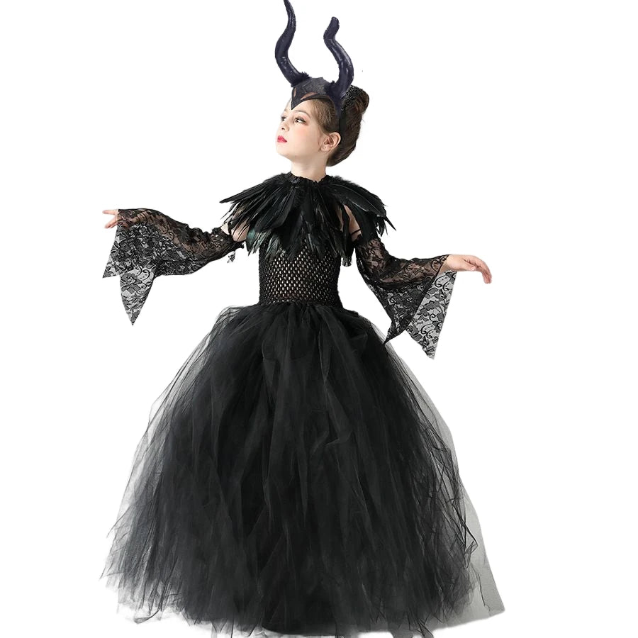 Black Maleficent Halloween costume for girls featuring a tulle skirt and dramatic collar