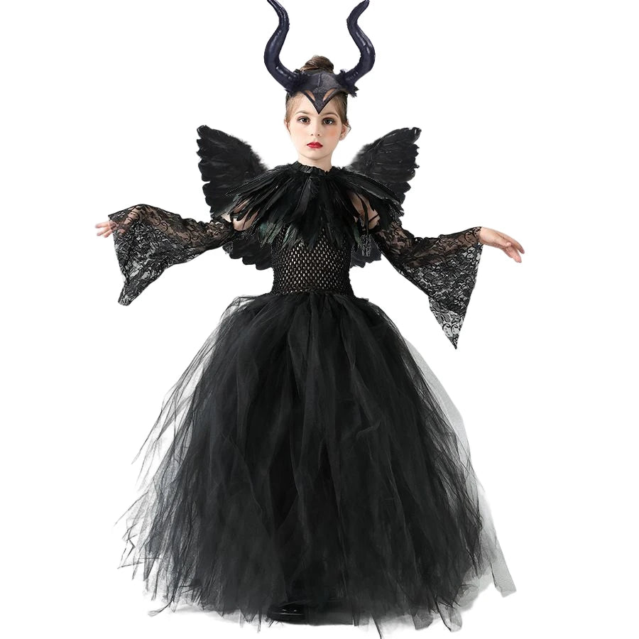 Girls Maleficent Halloween costume with black tulle dress and horned headpiece for festive celebrations