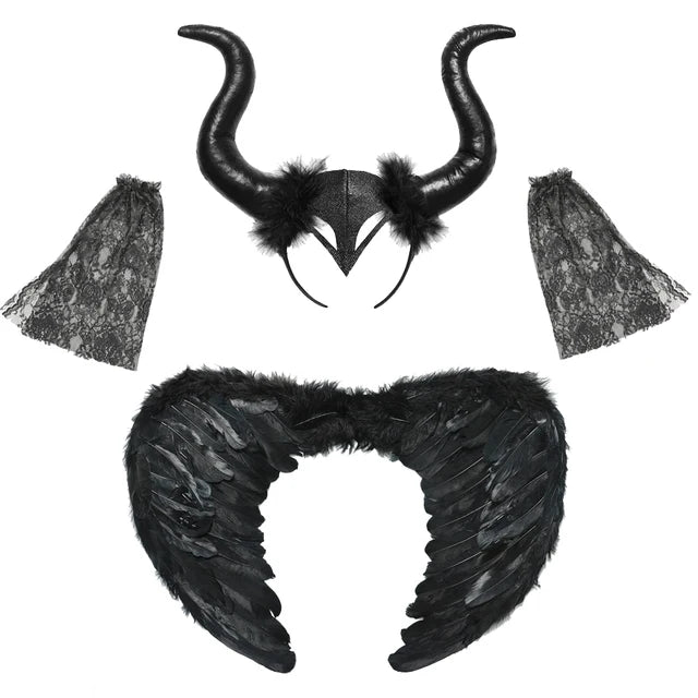 Maleficent Halloween costume for girls featuring horned headpiece, lace sleeves, and feathered collar