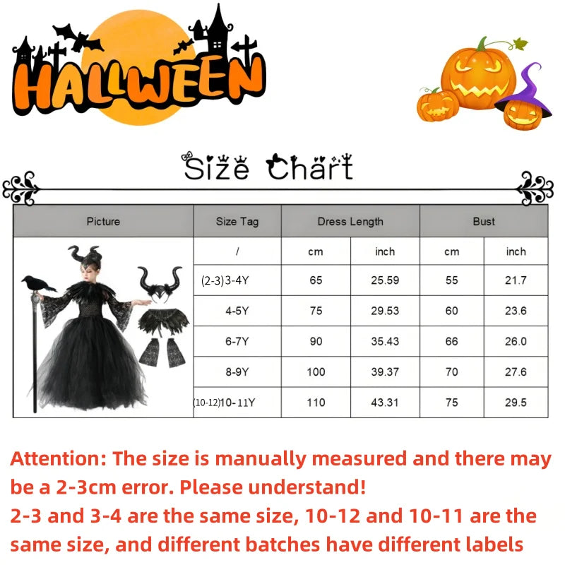 Maleficent Halloween costume for girls with a black dress and accessories including a horned headpiece