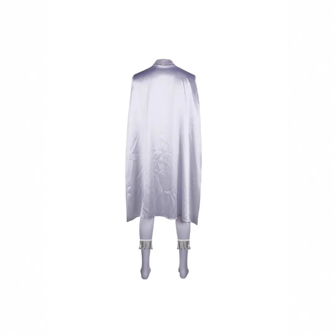 Megamind Metro Man cosplay costume for men featuring a sleek silver cape and matching bodysuit