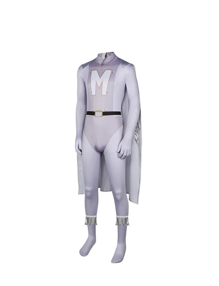 Megamind Metro Man cosplay costume for men featuring a sleek design and signature cape