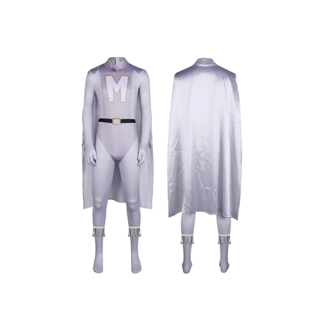 Megamind Metro Man cosplay costume for men featuring a silver jumpsuit and cape